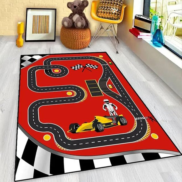 Rennstrecke-Teppich für Kinder mit 3D-Kurven-Design, Rennwagen und karierter Flagge, mehrfarbig, rechteckig - Bild 1