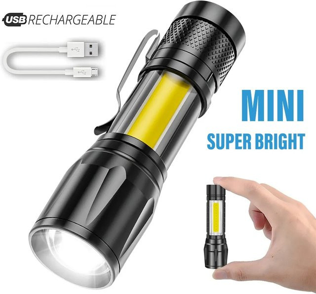 Tragbare USB aufladbare LED Taschenlampe mit Zoom und COB-Licht in Schwarz - Bild 1