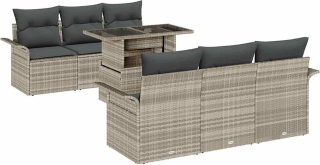 vidaXL Garten-Sofa-Set aus Polyrattan in Grau, 7-teiliges L-Shape Lounge-Set mit Kissen und Couchtisch für Terrasse und Garten - Bild 1