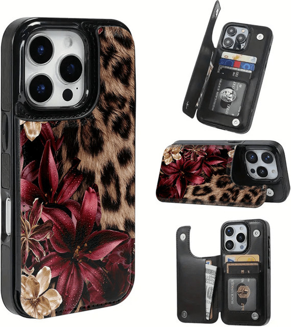 Handyhülle im Portemonnaie-Stil mit Leopardenmuster für Apple iPhone 12 bis 17 Pro Max Serie in Schwarz und Multicolour - Bild 1
