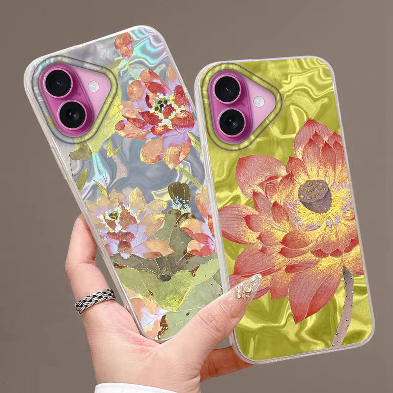 Fundas Stoßfeste Handyhülle mit goldenem Lotusblumenmuster und rosa Pfingstrosen für iPhone 16 15 14 13 Pro Max Plus und SE 2022 - Bild 1