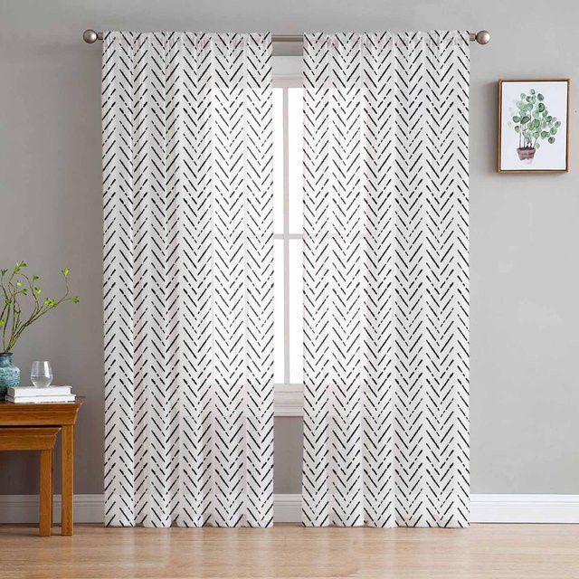 Super Six Transparente Tüllvorhänge mit minimalistischer Linienstruktur in Weiß, Breite: 135 cm, Höhe: 114 cm - Bild 1