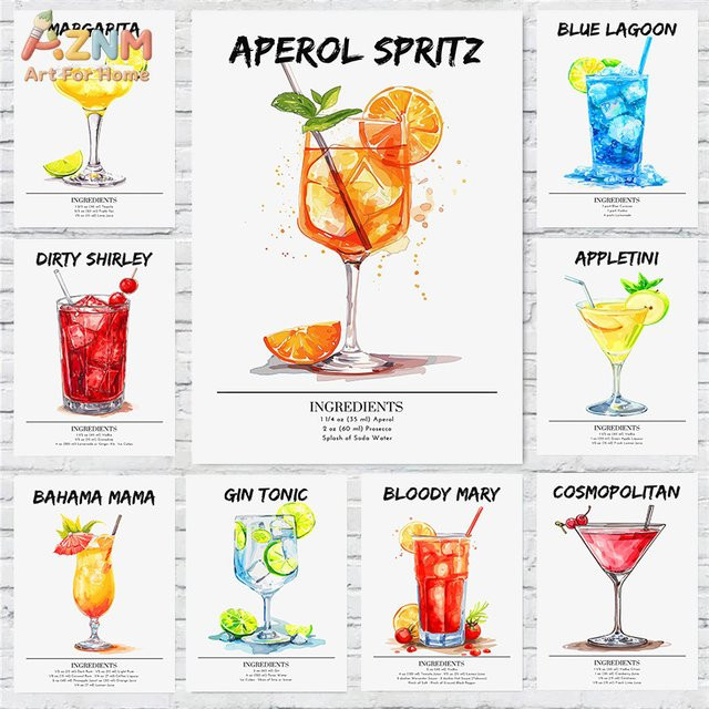 AZNM Aquarell-Klassiker Cocktail-Wandkunst Vintage Bar-Getränke Poster als rahmenlose Leinwand in Multicolour - Bild 1