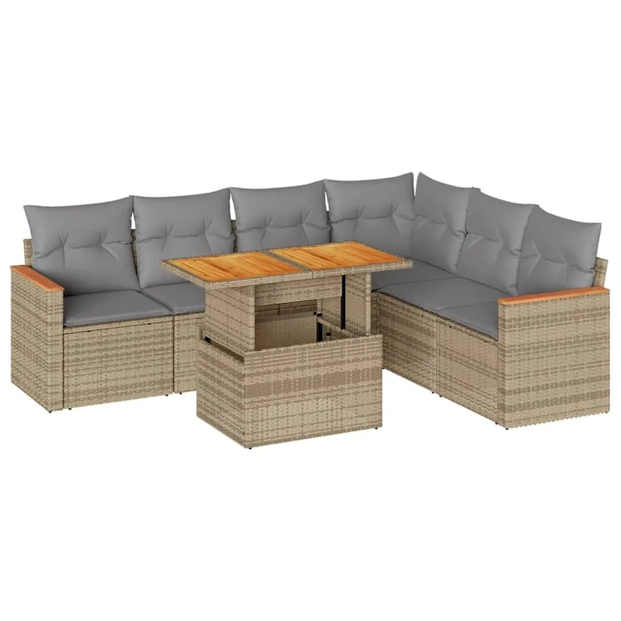 vidaXL 7-teilige Garten-Sofagarnitur in L-Form aus Polyrattan und Akazienholz mit Kissen in Beige-Grau - Bild 2