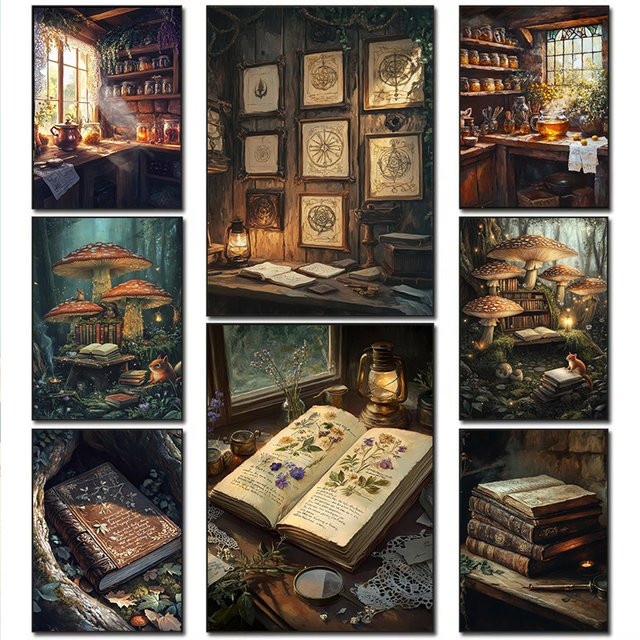 Potdemiel Leinwandgemälde Zauberer Trank und Alchemie-Buch im Vintage-Stil, Wandkunst für Dark Academia Heimdekoration, Mehrfarbig - Bild 1