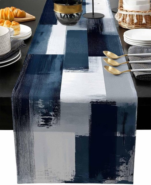 JMG Household Supplies Tischläufer aus Leinen mit abstraktem geometrischem Design in Blau und Weiß, Breite: 33 cm, Länge: 150 cm - Bild 1
