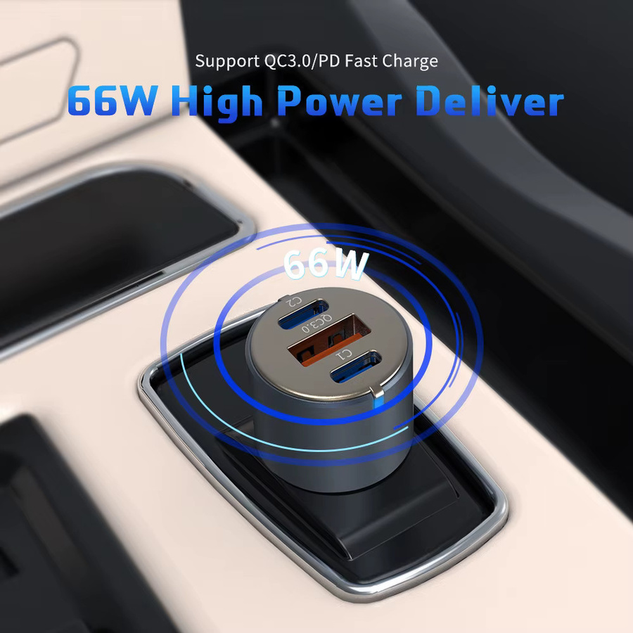 UBIGBUY 66W 3-Port Autoladegerät mit 2 USB-C PD30W und 1 USB-A 30W QC3.0 Schnellladegerät für iPhone, Samsung und iPad - Bild 2