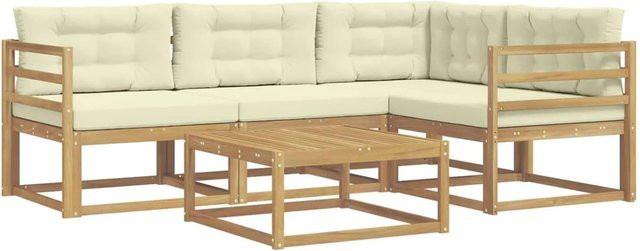 vidaXL Outdoor-Sofagarnitur aus Akazienholz in L-Form mit 5 Teilen, Weiß und Beige, B/T/H: 79 x 79 x 37 cm - Bild 1