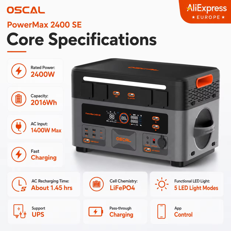 Tragbare Powerstation OSCAL PowerMax2400-SE in Schwarz mit 2400W, 2016Wh LiFePO4 Akku, Solargenerator mit USV-Funktion, Schnellladung und WLAN-App-Steuerung für Camping und Notstromversorgung - Bild 2