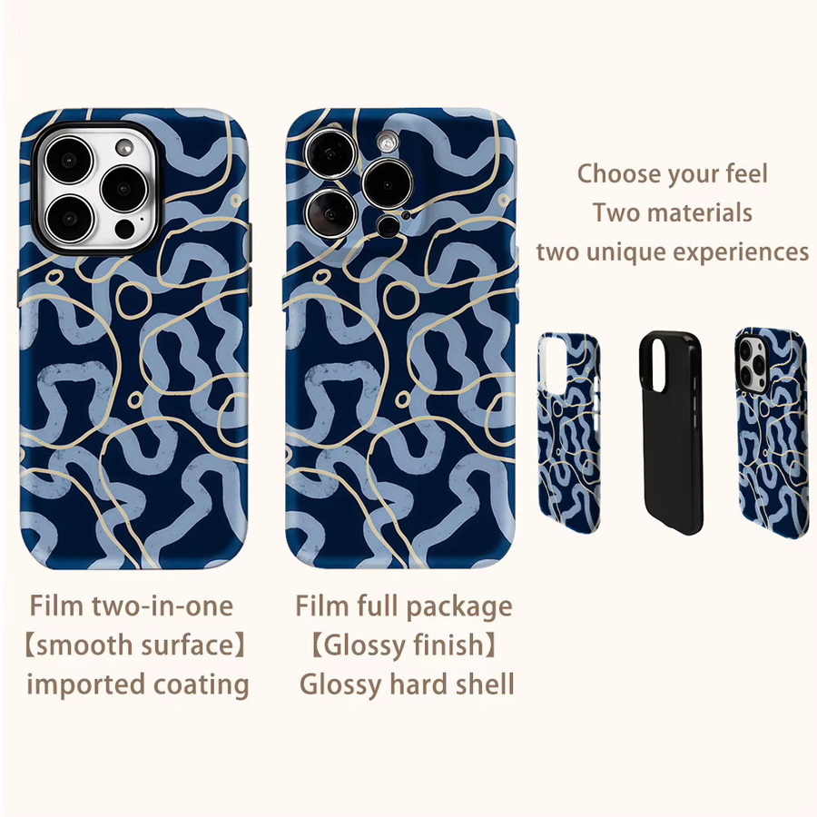 Potdemiel Handyhülle Navy Waves in Gold und Blau für iPhone 17AIR 16E 16 15 14 13 12 11 Pro Max Plus mit doppelschichtiger Rückseite - Bild 3