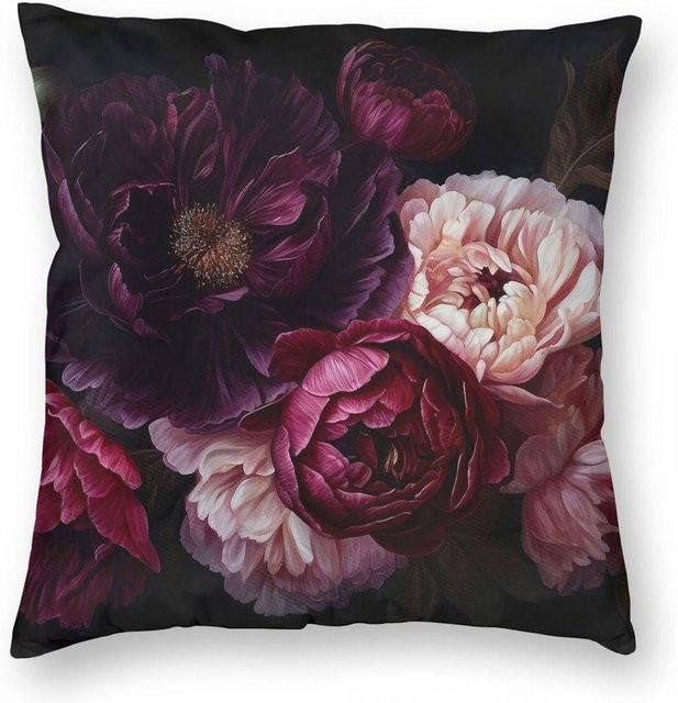 Quadratische Kissenhülle Sunset Pillow mit Nachtpfingstrosen-Blumenmuster in Lila aus Samt, Leinen und Polyester, B/B: 50 x 50 cm - Bild 1