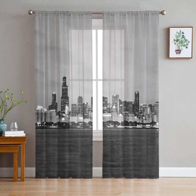 Grauer transparenter Voile-Vorhang mit New York City-Motiv für Wohnzimmer, Küche und Schlafzimmer, Breite: 100 cm, Höhe: 250 cm - Bild 1
