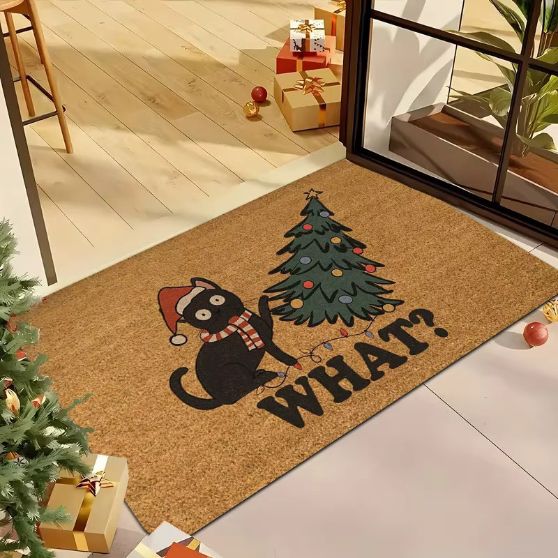 VIKAMA Teppich mit schwarzer Katze und Weihnachtsbaum-Muster in Schwarz und Braun, weiche Bodenmatte für Schlafzimmer und Eingangsbereich - Bild 2
