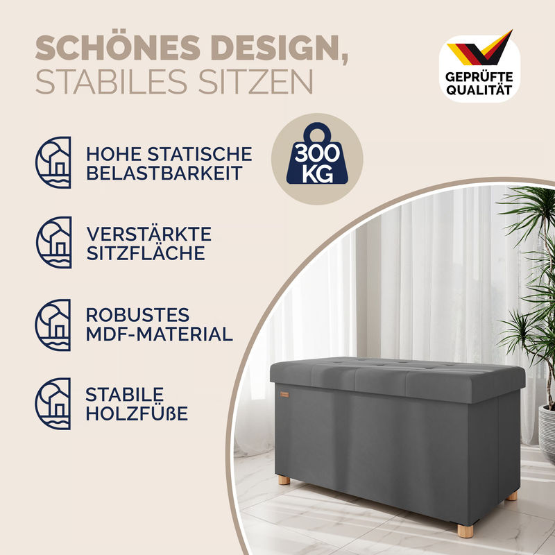CASARIA Sitzbank aus Samt in Anthrazit mit Stauraum, faltbar, B/T/H: 76 x 38 x 42 cm - Bild 3