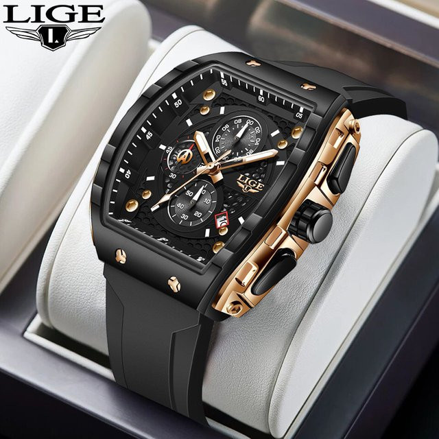 LIGE Chronograph Herrenuhr, Quarz, Silikonarmband, Blau, Eckig - Bild 1