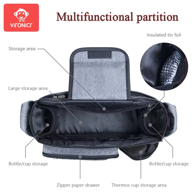 VIRONICR Baby Kinderwagen Organizer in Schwarz als multifunktionale Tasche für Windeln und Zubehör - Bild 4