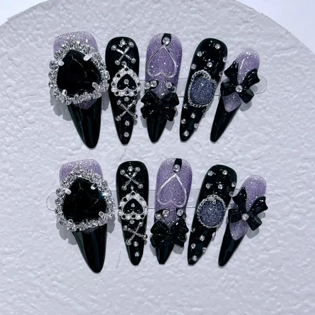 Qsezeny Kunstnägel Stiletto, Schmetterlings-Kamelien-Design, Glänzend, 10 Stück - Bild 1