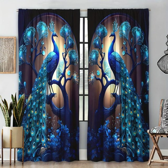 Dekorative Gardinenstange mit Taschenvorhang im blauen Pfau-Motiv, 2er-Set, halbtransparent, Farbe: Blau, Breite: 100 cm, Höhe: 130 cm - Bild 1