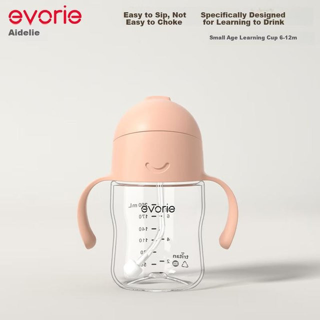 Evorie Kinder Strohhalm Wasserflasche für Kleinkinder, auslaufsicher und sturzsicher, Pink, 200 ml - Bild 1