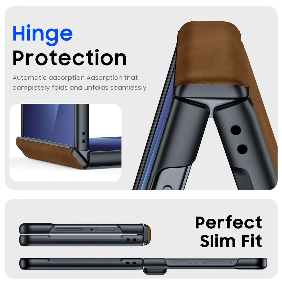Samsung Galaxy Z Flip 7 Ledercover mit magnetischem Scharnier und 9H Displayschutz in Braun - Bild 2