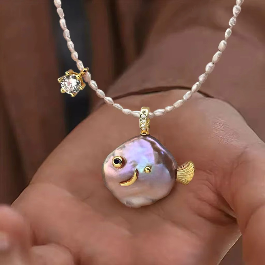 SLOONGJEWELRY Halskette, Süßwasserperlen, rosa Fisch-Krabben-Form, Unisex - Bild 2