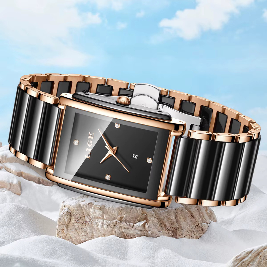 LIGE Armbanduhr Keramik, Quarz, Eckig, Diamantbesetzt, Schwarz, Damen - Bild 4