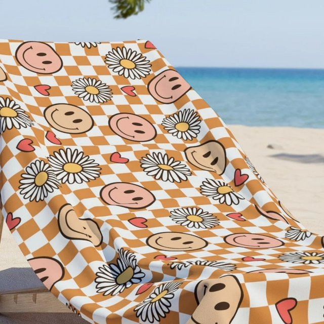 Smile Face Strandtuch mit kariertem Y2K-Print in Multicolour für Kinder - Bild 1