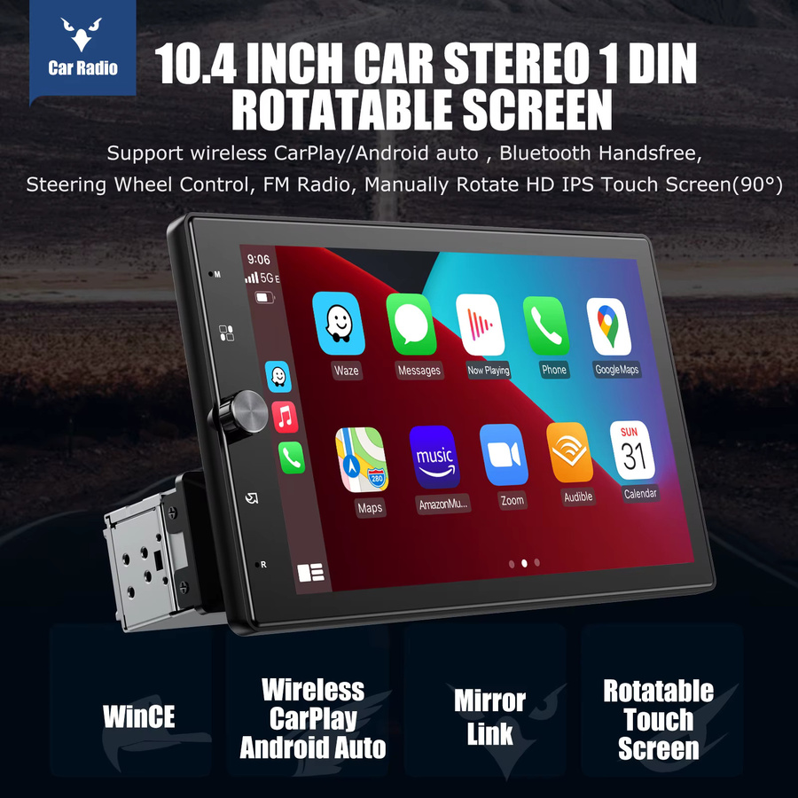 ESSGOO Universal Autoradio mit 10,4 Zoll drehbarem IPS Touchscreen, Wireless Carplay, Android Auto, Bluetooth, AUX und USB, Schwarz - Bild 3