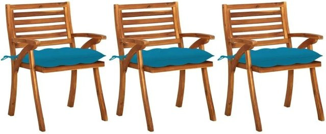 vidaXL Garten-Essstühle Set aus Massivholz Akazie mit Kissen, 3 Stück, Braun und Blau - Bild 1