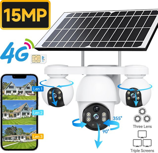 V380PRO Solar WiFi und 4G IP Kamera mit 3 Objektiven, 15 MP 8K Auflösung, Wasserdicht, Nachtsicht, Zwei-Wege-Audio und Mobile Tracking in Weiß - Bild 1