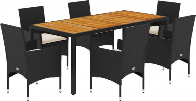 vidaXL 7-teilige Garten-Essgruppe aus Poly-Rattan und Akazienholz in Schwarz mit cremeweißen Kissen - Bild 1