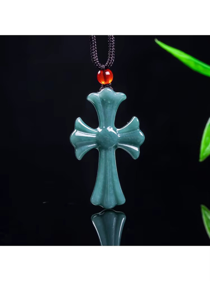 Halskette mit Smaragd-Jade Kreuz-Anhänger, Unisex - Bild 4