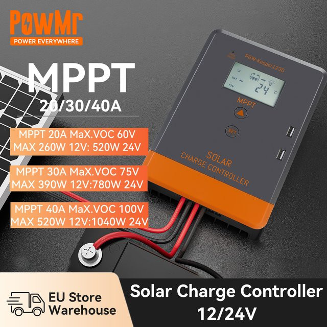 PowMr MPPT Solarladeregler für 12V und 24V Systeme, Farbe: Silber, geeignet für Blei-Säure, Lithium und LiFePO4 Batterien - Bild 1