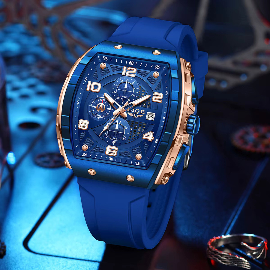 LIGE Armbanduhr Chronograph, Eckig, Edelstahl, Blau, Silikon, Herren - Bild 3