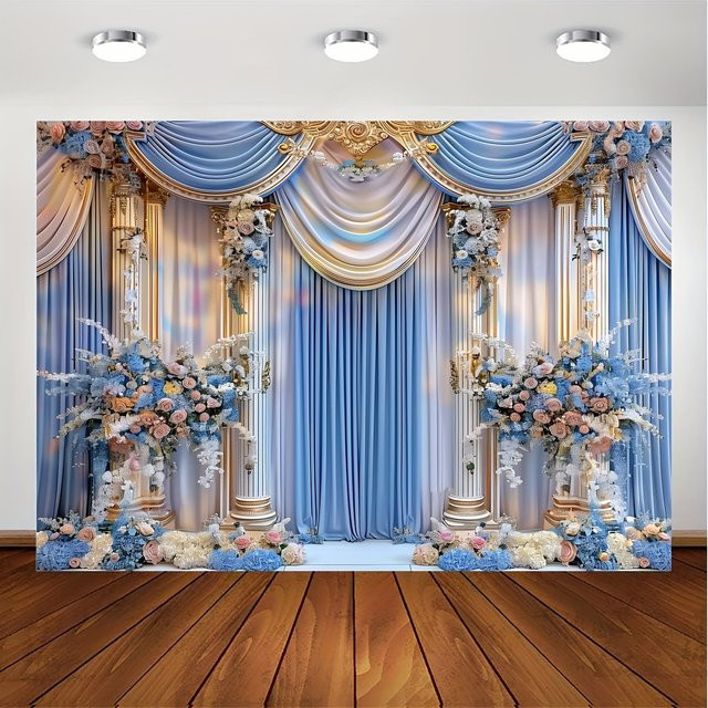 VIKAMA Hochzeits-Hintergrunddekoration aus Textil mit floralem Blumenmuster in Mehrfarbig und Blau - Bild 1