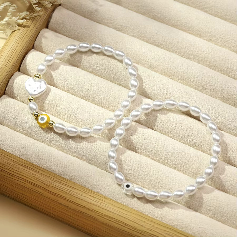 Noter Armband-Set 2-teilig, Imitationsperlen, Herz und Böses Auge, Damen, Weiß - Bild 2