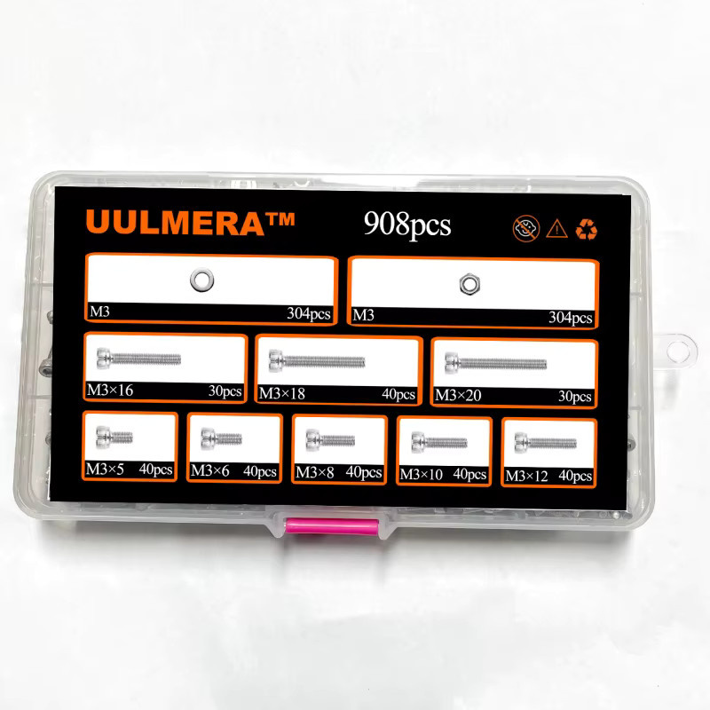 UULMERA 908-teiliges M3 Set aus 304 Edelstahl mit Innensechskantschrauben, Bolzen und Muttern in Silber - Bild 2