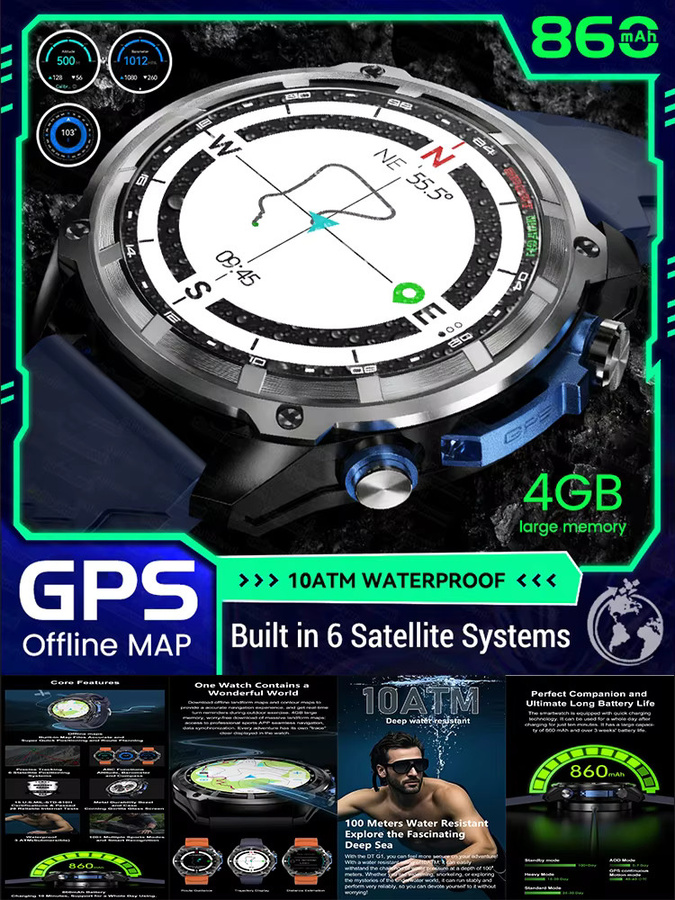 GUHUAVMI Smartwatch für Männer mit GPS Offline-Karte, Kompass, Bluetooth-Anruffunktion und 10ATM Wasserdichtigkeit, Schwarz - Bild 5