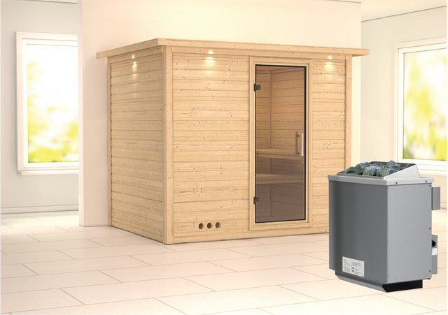 Karibu Sauna Sarina in Natur mit Ofen, integrierter LED-Steuerung und Dachkranz - Bild 1