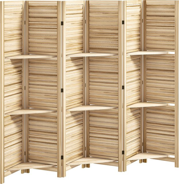 Aosom Raumteiler aus Holz mit 6 Paneelen und 3 Regalen, faltbare Trennwand in Naturholz mit gebrannter Oberfläche, Farbe: Braun, H x B x T: 170 x 240 x 14,4 cm - Bild 1