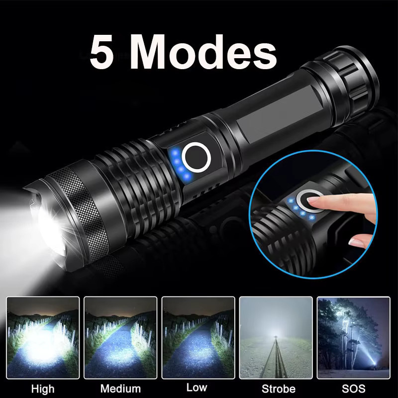 Mikenoon Hochleistungs-LED-Taschenlampe aus Aluminiumlegierung in Schwarz mit USB-Ladefunktion und zoombarem Blitzlicht - Bild 2