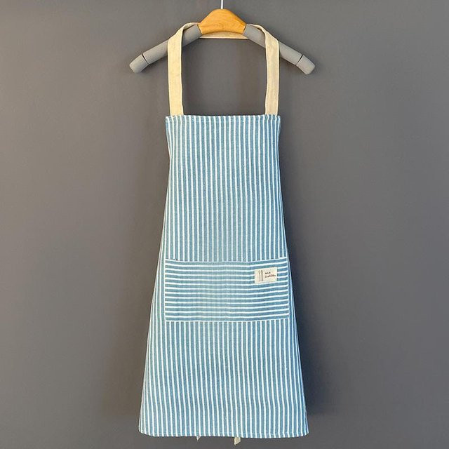 2er-Set Hanfschürzen aus gestreifter Baumwolle in Blau von Yiran Furniture mit großer Tasche im japanischen Stil für Damen zum Kochen, Backen und Putzen - Bild 1