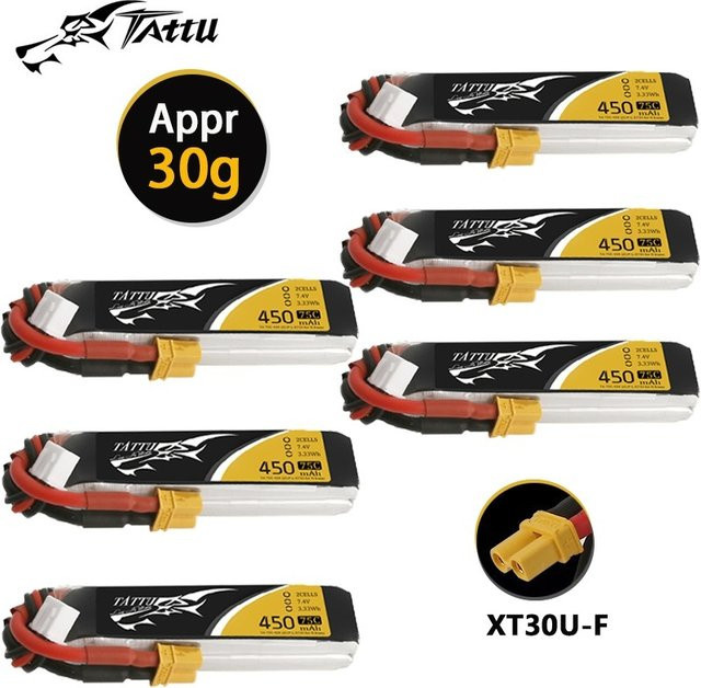Tattu 2S 7,4 V LiPo Batterie 450 mAh 75C Schwarz für RC Hubschrauber, Quadcopter und FPV Racing Drohnen - Bild 1