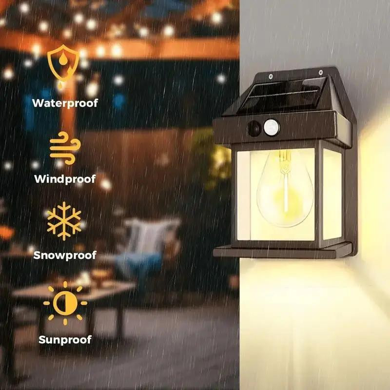 Kebidumei Solar Wandleuchte Retro Design mit Bewegungssensor IP65, LED Wolfram-Optik, Schwarz, B/T/H: 17,0 x 12,0 x 12,0 cm - Bild 3