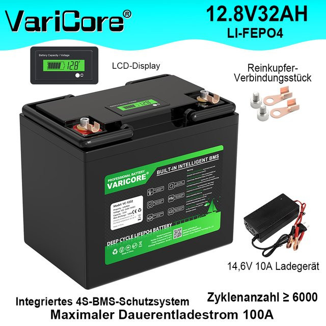 VariCore LiFePO4 Akku-Pack 12.8V 32Ah in Schwarz mit 100A BMS für Wohnmobile, Solar, Golfwagen und Boot - Bild 1
