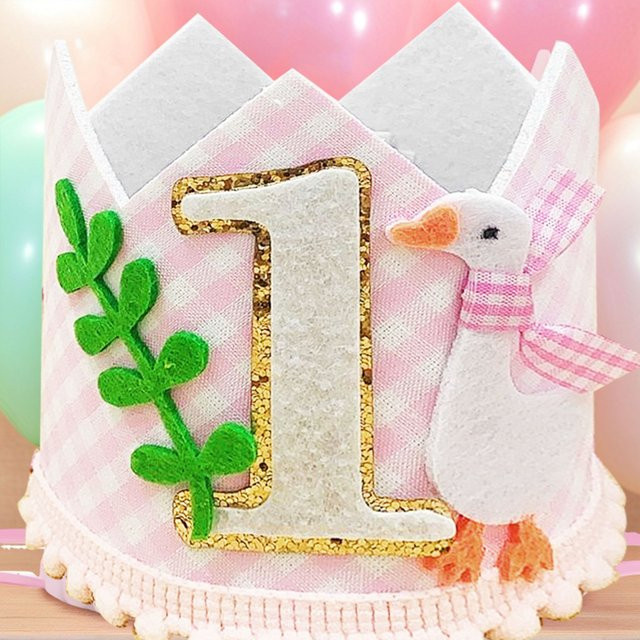LaVenty Pink Goose Geburtstagskrone für Mädchen im Gingham-Design, Rosa Partyhut für den 1. Geburtstag - Bild 1