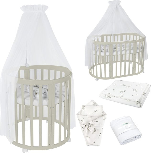Waldin Babybett OWAL 7in1 Kinderbett aus Buchenholz mit Matratze, mitwachsendes Kinderbett, lackiert - Bild 1