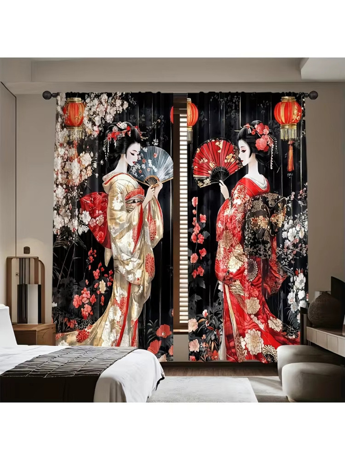 VIKAMA Japanisches Geisha Duschvorhang-Set aus wasserdichtem Stoff mit floralem Design in Mehrfarbig - Bild 4