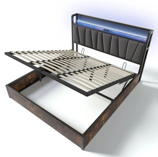 Merax Metallbett in Grau mit LED-Unterbettbeleuchtung und USB-Ladeanschluss B/T: 180 x 200 cm, H: 186 cm - Bild 1