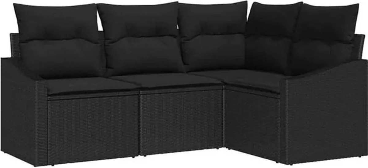 vidaxl Loungemöbel Sofa Set aus Polyrattan mit Kissen und Speicherfunktion, 4-teilig, Schwarz - Bild 1